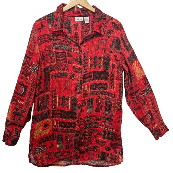 Chico's Size 1 US 8 Tunic Top Linen Aztec Southwest Button Front Red Tortoise Bu - Picture 1 of 11